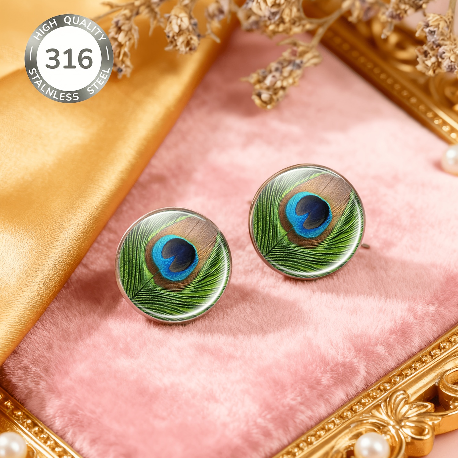 2pcs Set of Peacock Feather Round No-Piercing Ear Studs